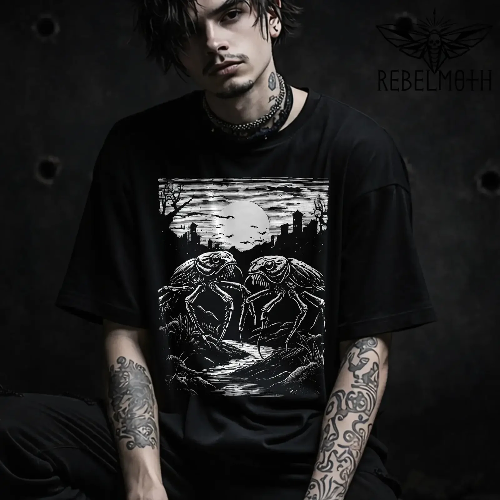 Cockroach grunge t shirt with a bold roach night scene under the moon vintage Washed Unisex streetwear Breathable fashion
