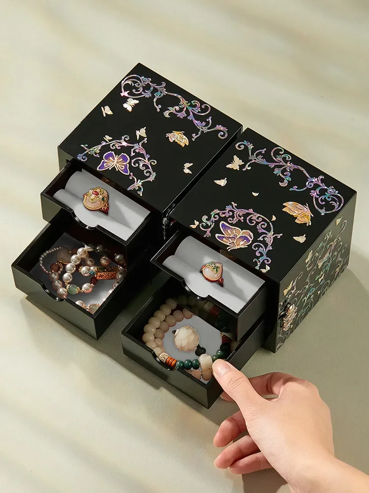 Premium Wood Jewelry Display Chest with Shell Mosaic & Velvet Lining 2-Drawer Large Capacity Birthday Valentine's Day Presen