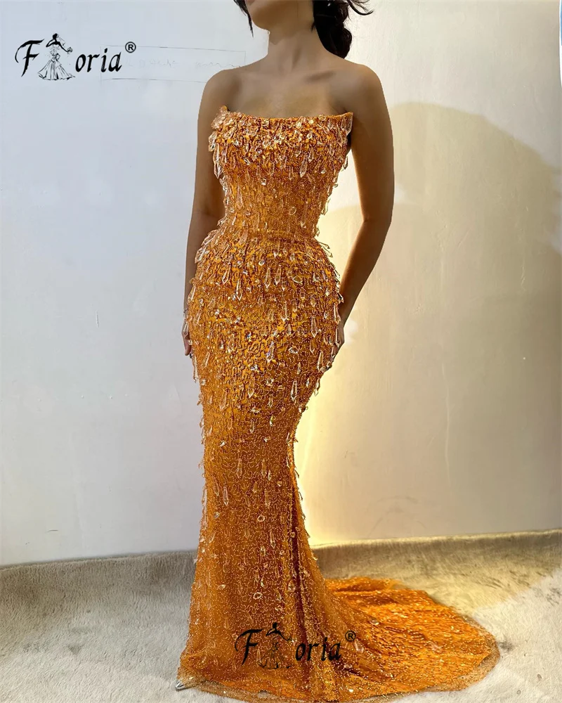 คริสตัลที่ละเอียดอ่อนสีส้ม Mermaid ชุดพรรคอย่างเป็นทางการ Strapless Beaded งานแต่งงานชุดราตรี Couture หินคําชุดชื่อเสียง