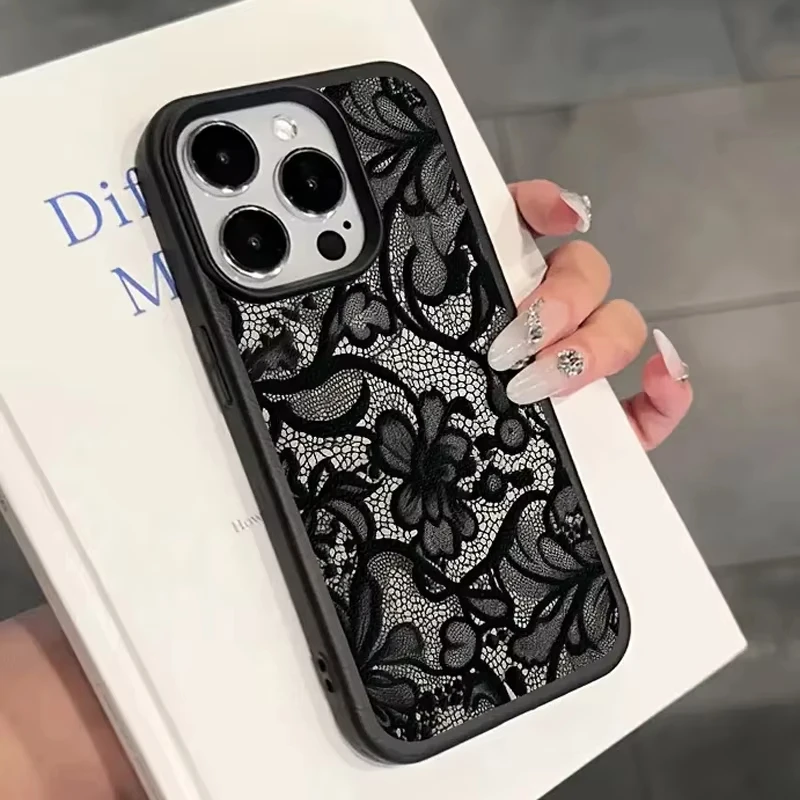 Black Lace Pattern Phone Case For iPhone 17 16 15 14 13 12 11 Pro Plus Max 17 Air X XR XS Shockproof Soft Silicone Back Cover - náhled 3