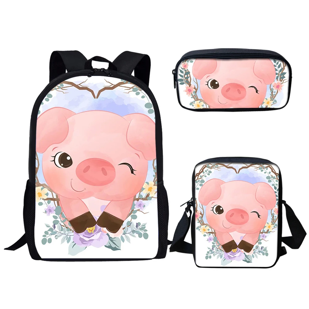 Schöne Schwein und Vogel Cartoon-Muster Kinder Schule Tasche Große Kapazität Rucksack für Teenager Mädchen Jungen 3Pcs Buch Tasche