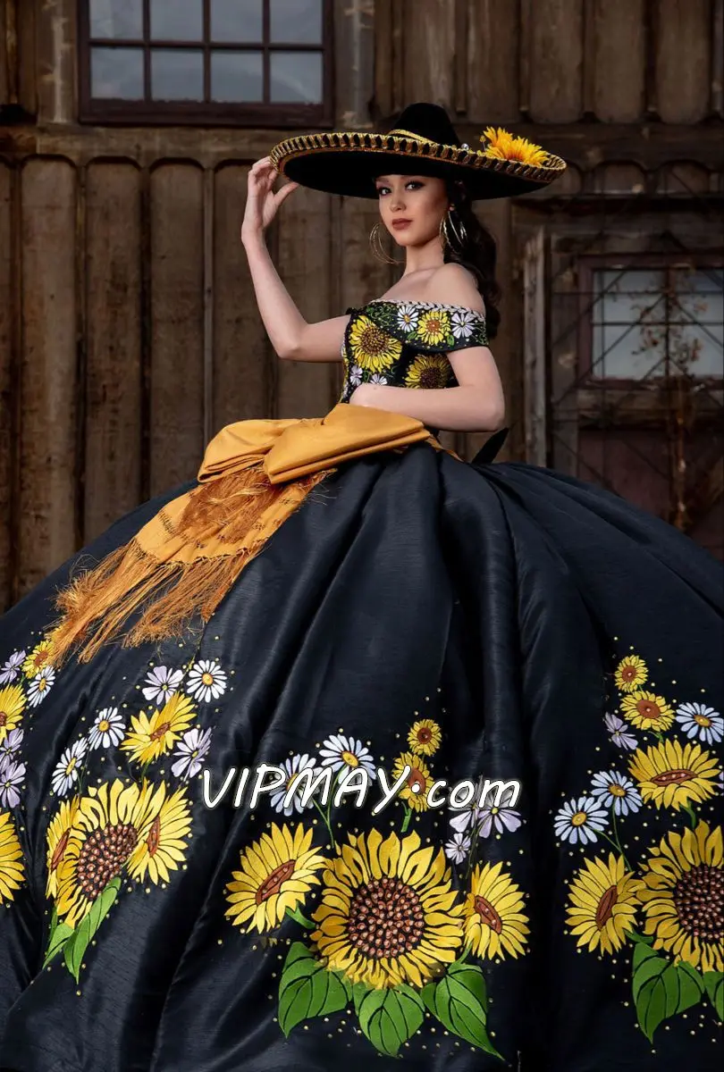 Preto charro quinceanera vestidos de baile fora do ombro cetim bordado inchado mexicano doce 16 vestidos 15 anos personalizado