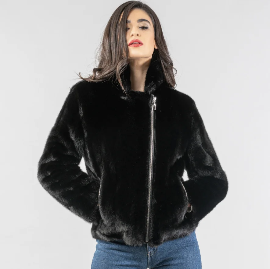 Manteau en fourrure de vison véritable pour femmes, veste de moto chaude, mode décontractée, hiver, nouveau, 2024