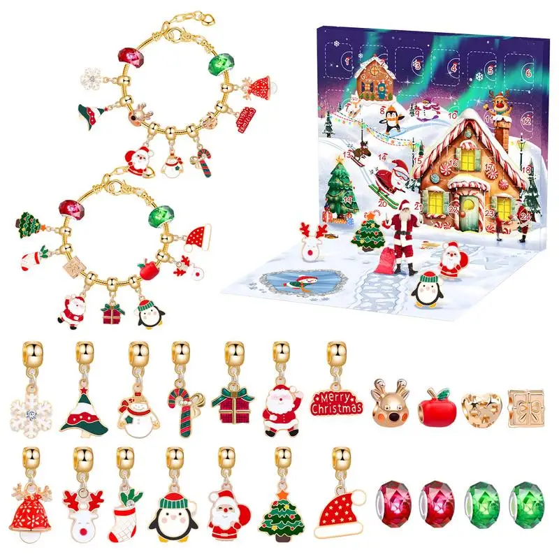 Christmas Advent Calendar Bracelets 24-Day Christmas Countdown Calendar Jewelry Making Kit with 22 charm and 2 braided bracelets