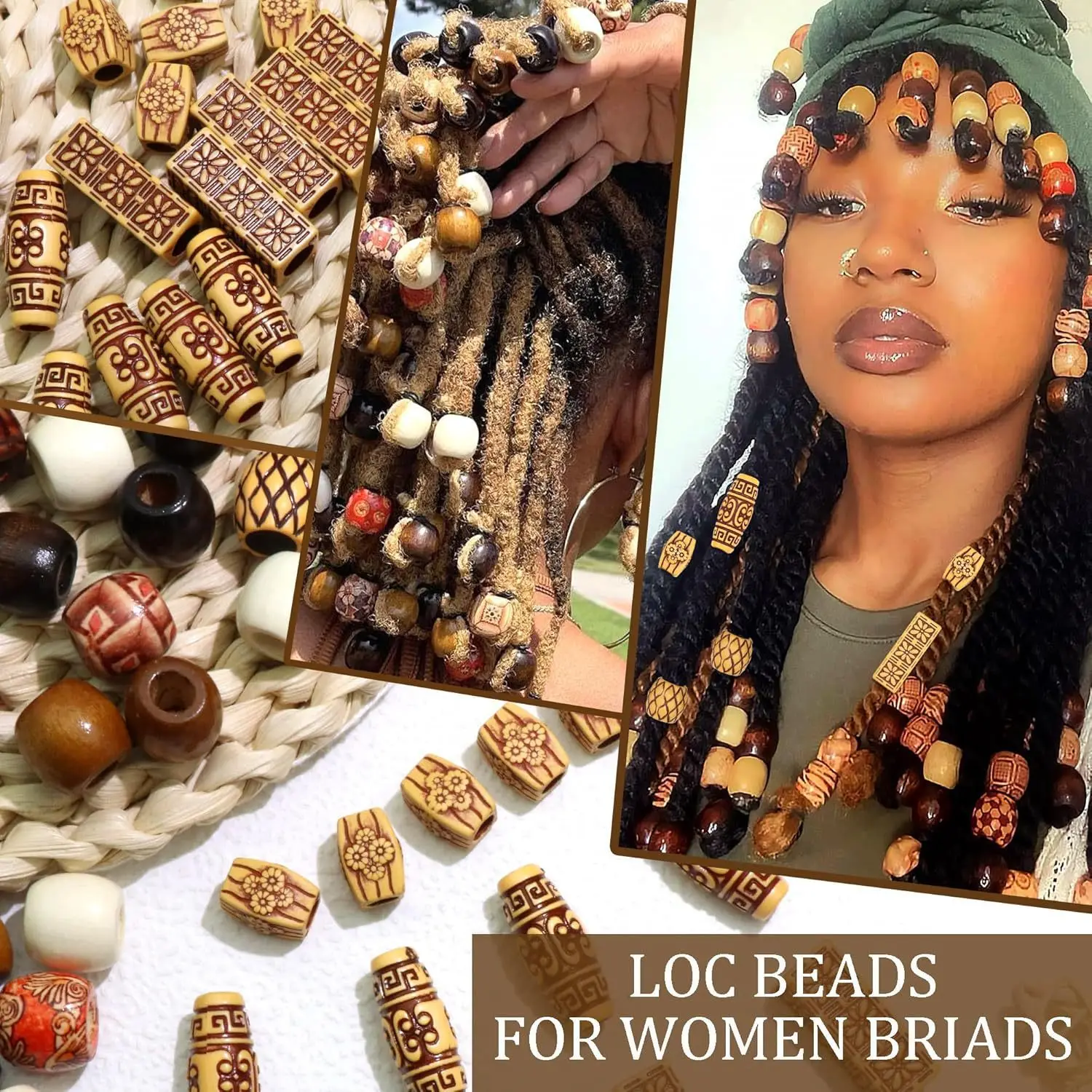 Tribal Style 60 Pcs Imitation Wood Beads Combination Large Hole for Dreadlock Braids Durable Non Toxic Smooth DIY Hair Accessory