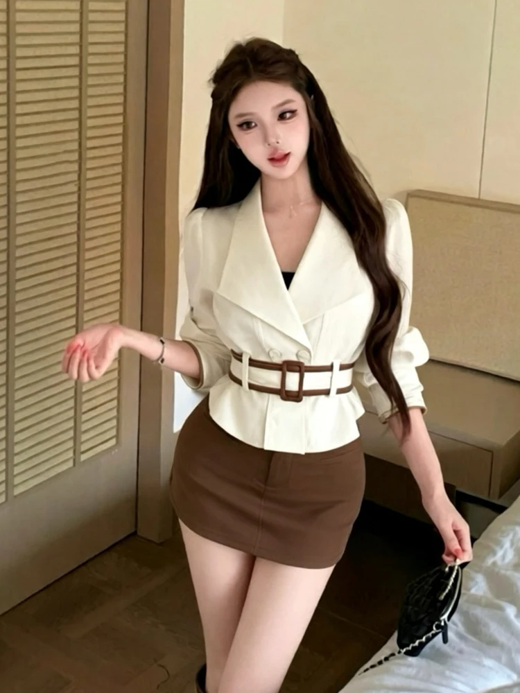 Retro Spicy Girl Double Row Button Suit Collar High Waist Slimming Asymmetrical Short Coat Design Sensation Half Skirt Set