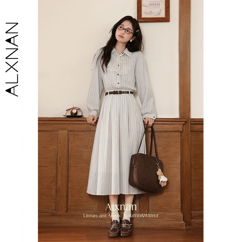 ALXNAN vrouwen Lange Jurk 2023 Herfst Nieuwe Gestreepte Kraag Jurken Lange Mouw A-lijn Elegante Vrouwelijke Kleding L56796