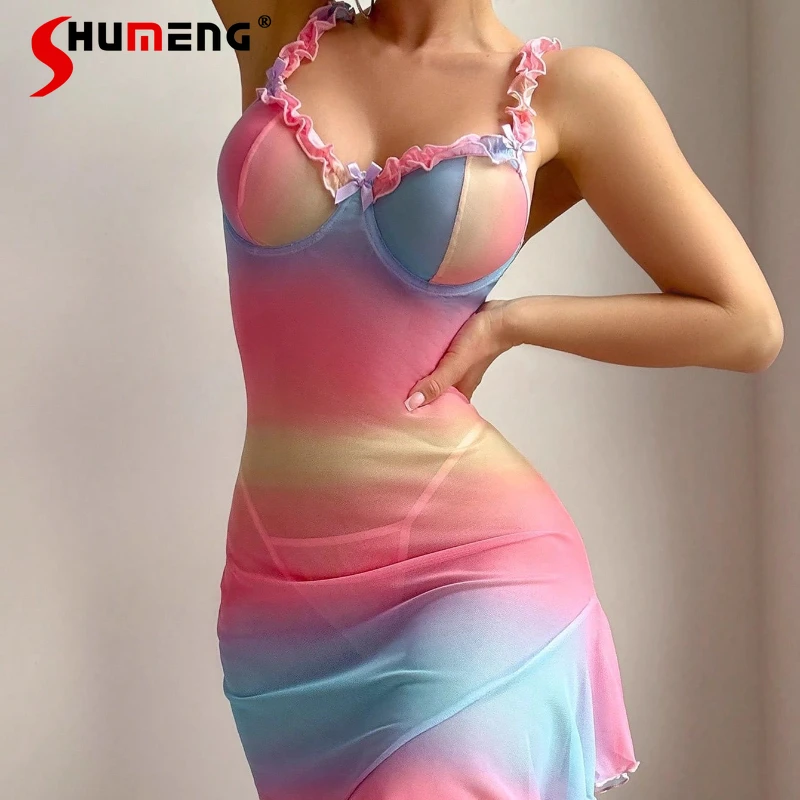 

Colorful Sexy Pure Desire Nightgowns for Women Sheer Mesh Ruffled Edge Rainbow Nightdress Female Irregular Underwear Lounge