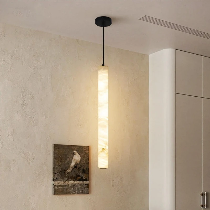 Modern Cylinder Marble Pendant Lamp LED Linear Alabaster Pendant Light Living Dinning Room Luxury Bedroom Bedside Hanging Lamp
