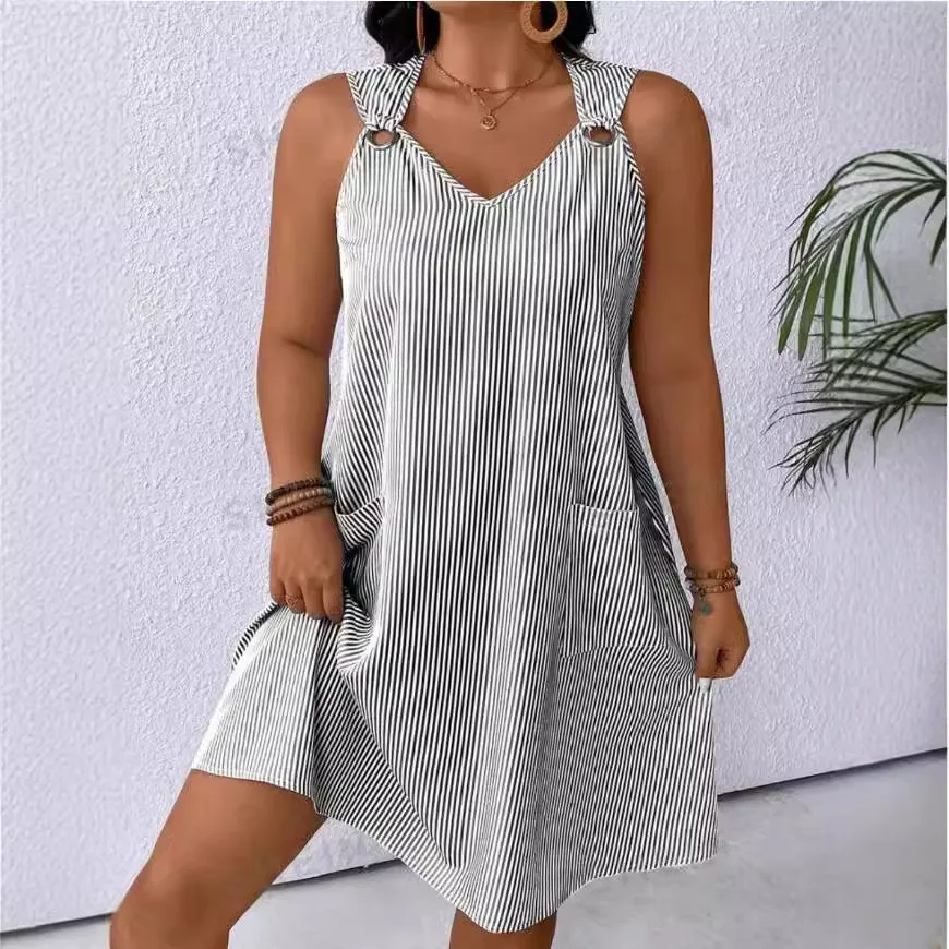 Nieuwe zomer damesvest rok O-hals gestreepte metalen knop mode eenvoudige losse casual vakantiejurk