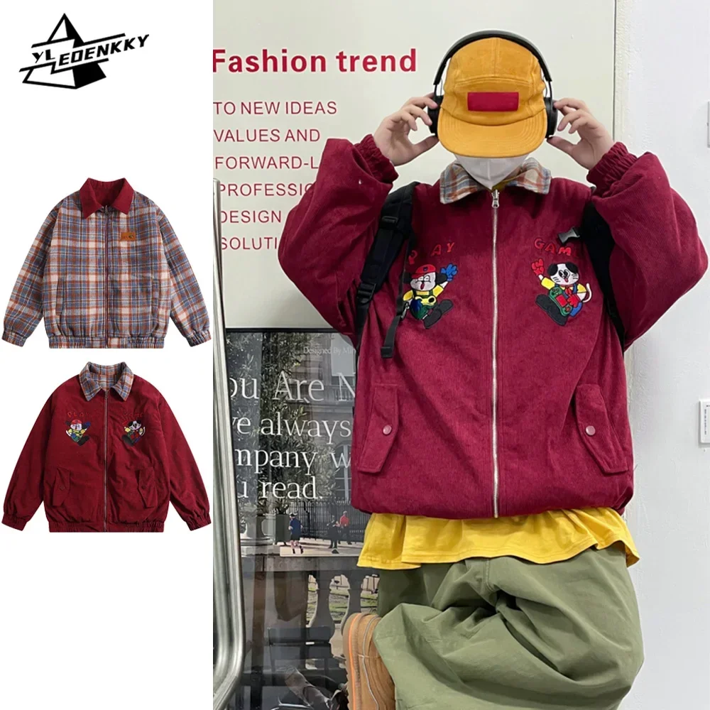 

Corduroy Parka Men Women Harajuku Cartoon Embroidered Thick Jacket Retro Reversible Loose Cotton Coat Winter Couple Warm Outwear