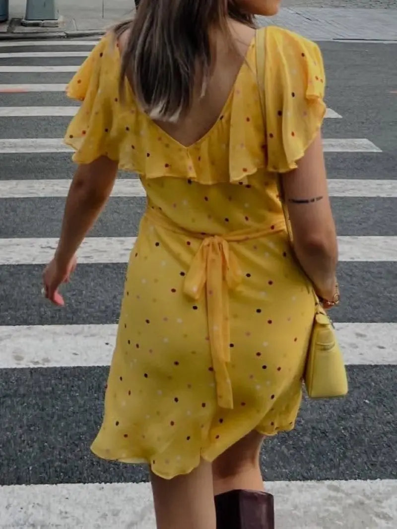 Vestido amarillo con estampado de lunares coloridos para mujer, 100% seda, con volantes, cuello en U, manga corta, con cordones, cintura alta, minivestido para vacaciones
