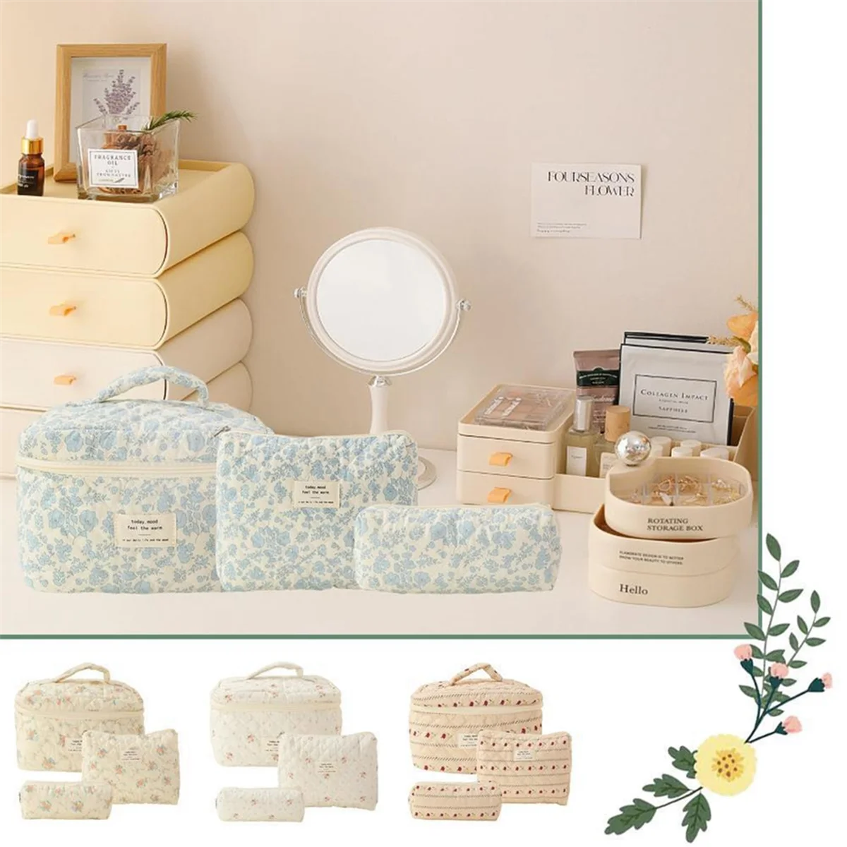 ABQR Косметичка для макияжа, 3 шт., хлопковая стеганая косметичка, эстетичная косметичка с цветочным принтом для женщин, F