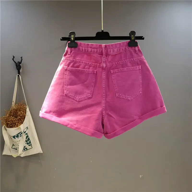 Summer New Denim Shorts Women's Candy-colored High-waisted Wide-leg Curled Loose and Thin Western-style Hot Pants