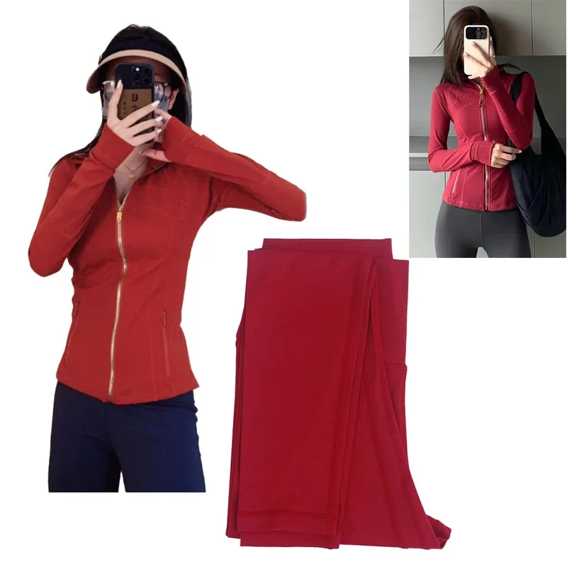

Red women's yoga suit 2-piece set, elastic nude jacket top, leggings, custom logo fitness running sports set