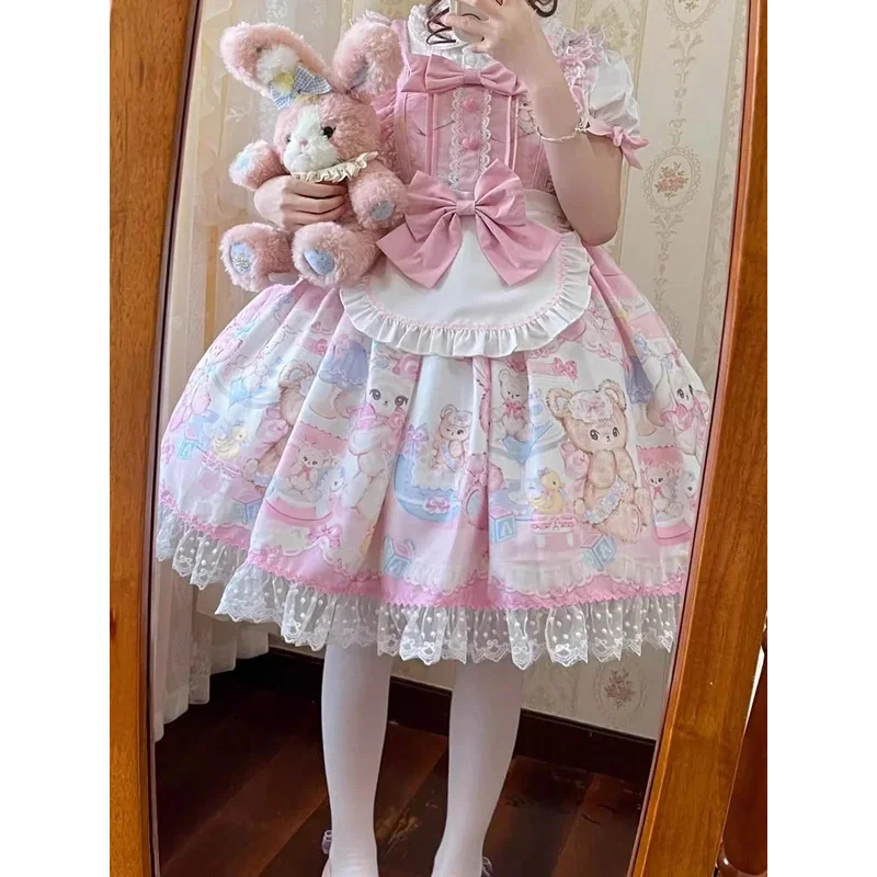 

CyKIMOKM Kawaii Лолита фартук с оборками платье-бретелька милая принцесса с мультяшным принтом и бантом жизненно важность девчачьи мини-платья 2025