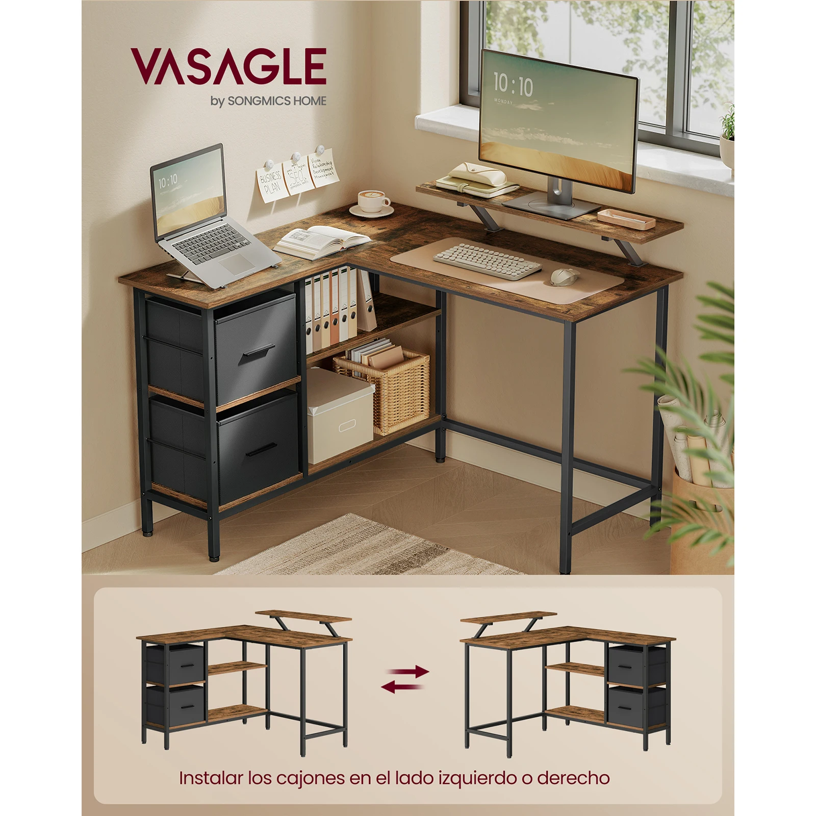 VASAGLE L-Shaped Desk: 2 Drawers, Monitor Stand. Corner/Gaming/Computer Desk. Adjustable Shelf. Home Office. Rustic Brown.