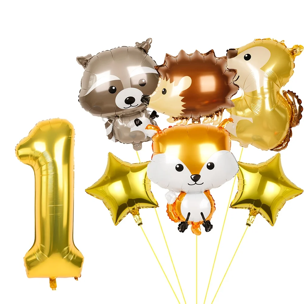 7 Stück Dschungeltier Eichhörnchen Igel Fuchs Folienballon 32 Zoll Gold Digitalballon Kindergeburtstag Wald Party Dekoration Lieferungen