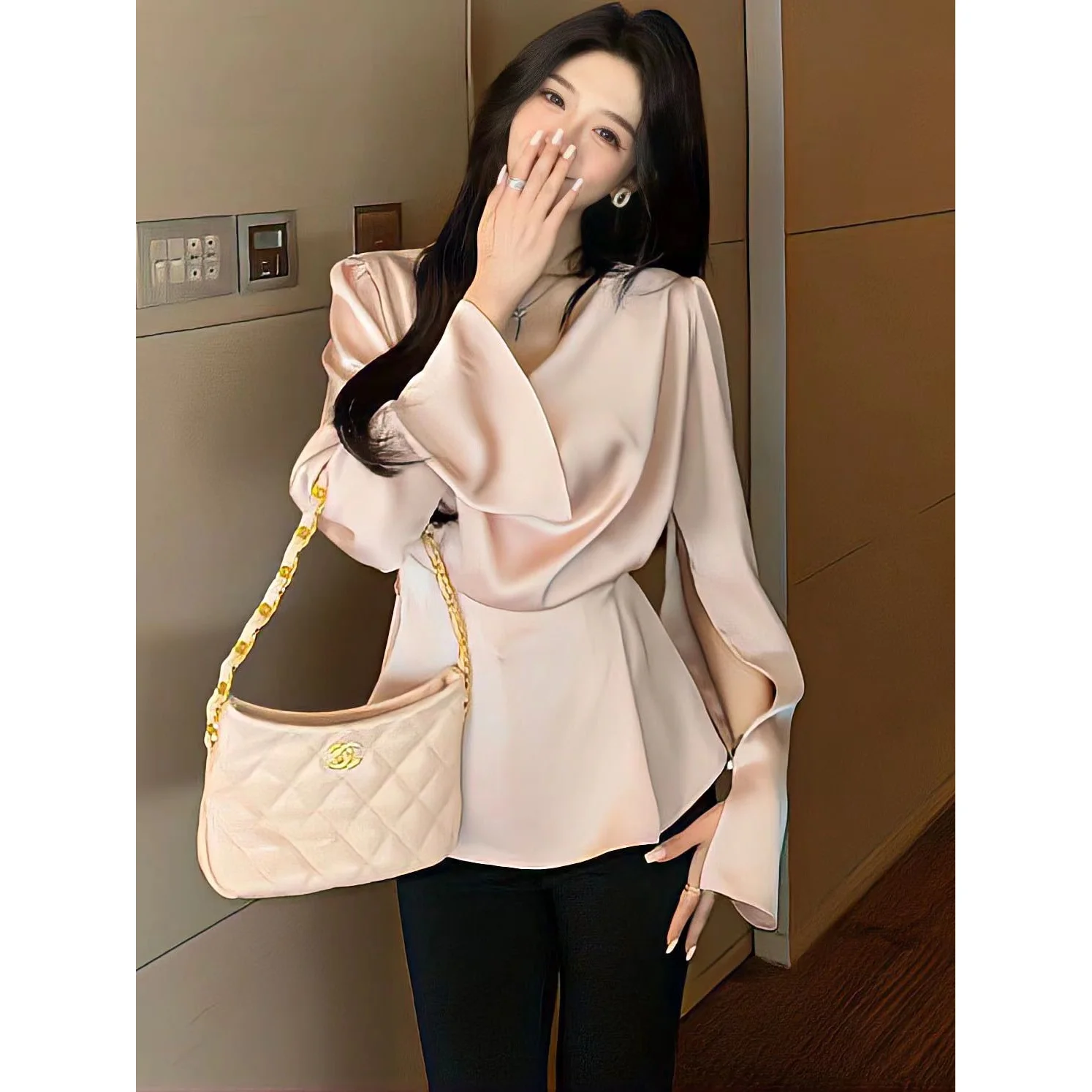 Temperament Satin Long Sleeved Shirt for Women with a Sense of Luxury Irregular Neckline Stacked Flared Sleeves Cinched Waist