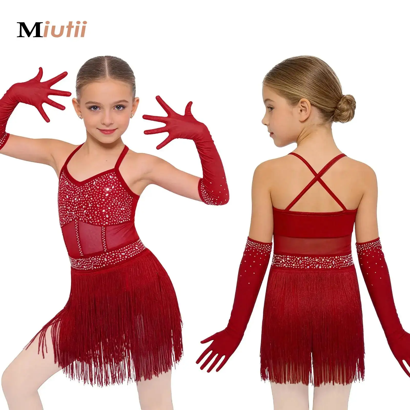 

Figure Skating Stage Performance Costume for Kids Girls Latin Dance Outfit Sequins Rhinestone Tassel Leotard with Mesh Gloves