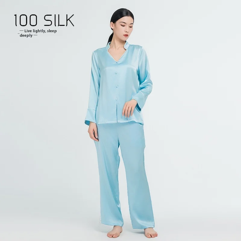 New Women's 100% Real Silk Pyjamas Homewear Set Girls Spring and Autumn Pajamas Homewear Ladies Long-Sleeved Cardigan Homewear