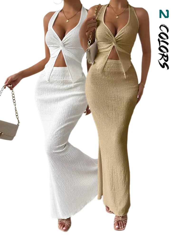 Women 2 Piece Bodycon Maxi Skirt Set Halter Sleeveless Basic Crop Tops Slim Long Skirt Outfits Tops and Bodycon Slim Maxi Skirt