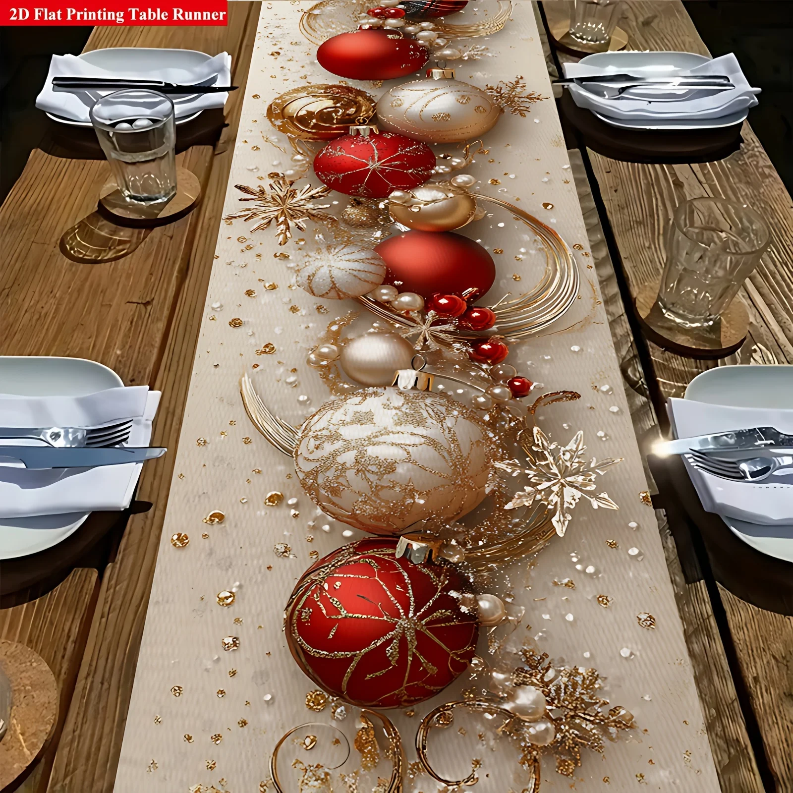 VIKAMA Christmas Table Runner, Golden Red Bauble Snowflake Print, Woven Table Runner for Dining Table, Xmas Party Decor