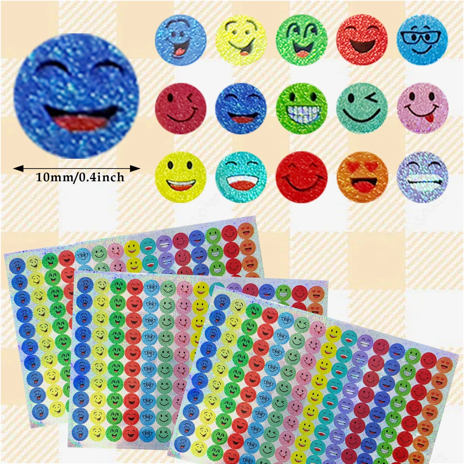 1500 Pcs Glitter Foil Small Round Stickers, 15 Designs Happy Face Stickers for Student Reward, Glitter Foil Star Stickers