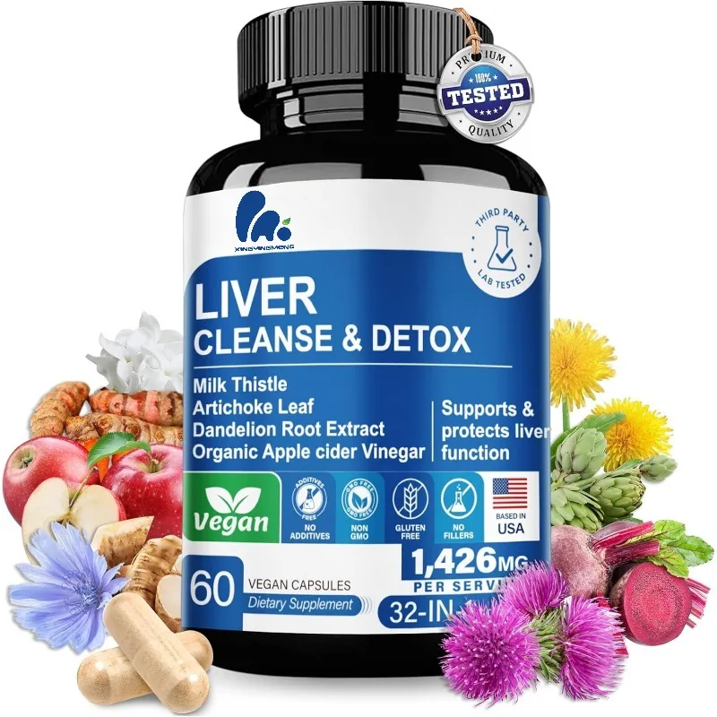 32 in 1 liver cleansing and repair, containing apple cider vinegar, milk thistle, thistle, dandelion root capsules