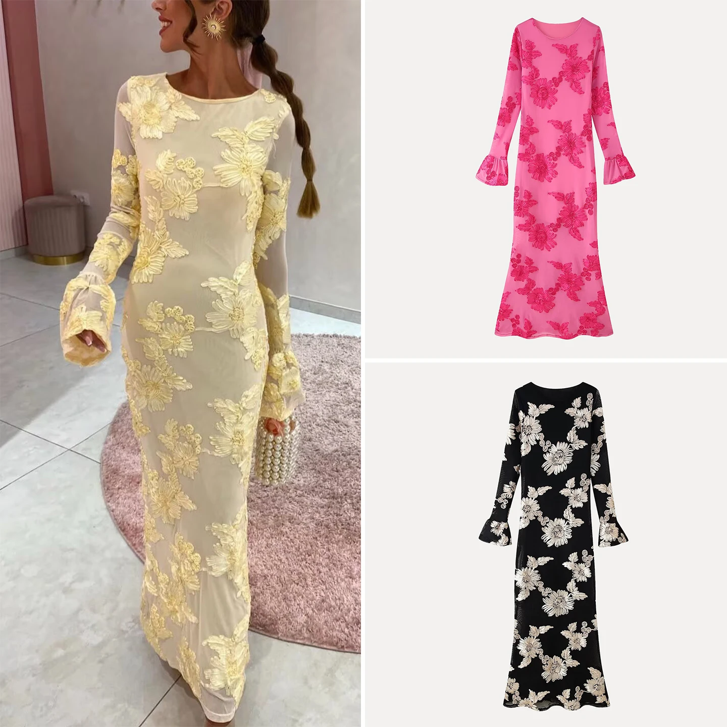 Ele Tee-Color Bell Sve Bodycon Dr Z Women's Faion Sle Slim Fit Wrap around Midriff Gown โพลีเอสเตอร์ไฟเบอร์