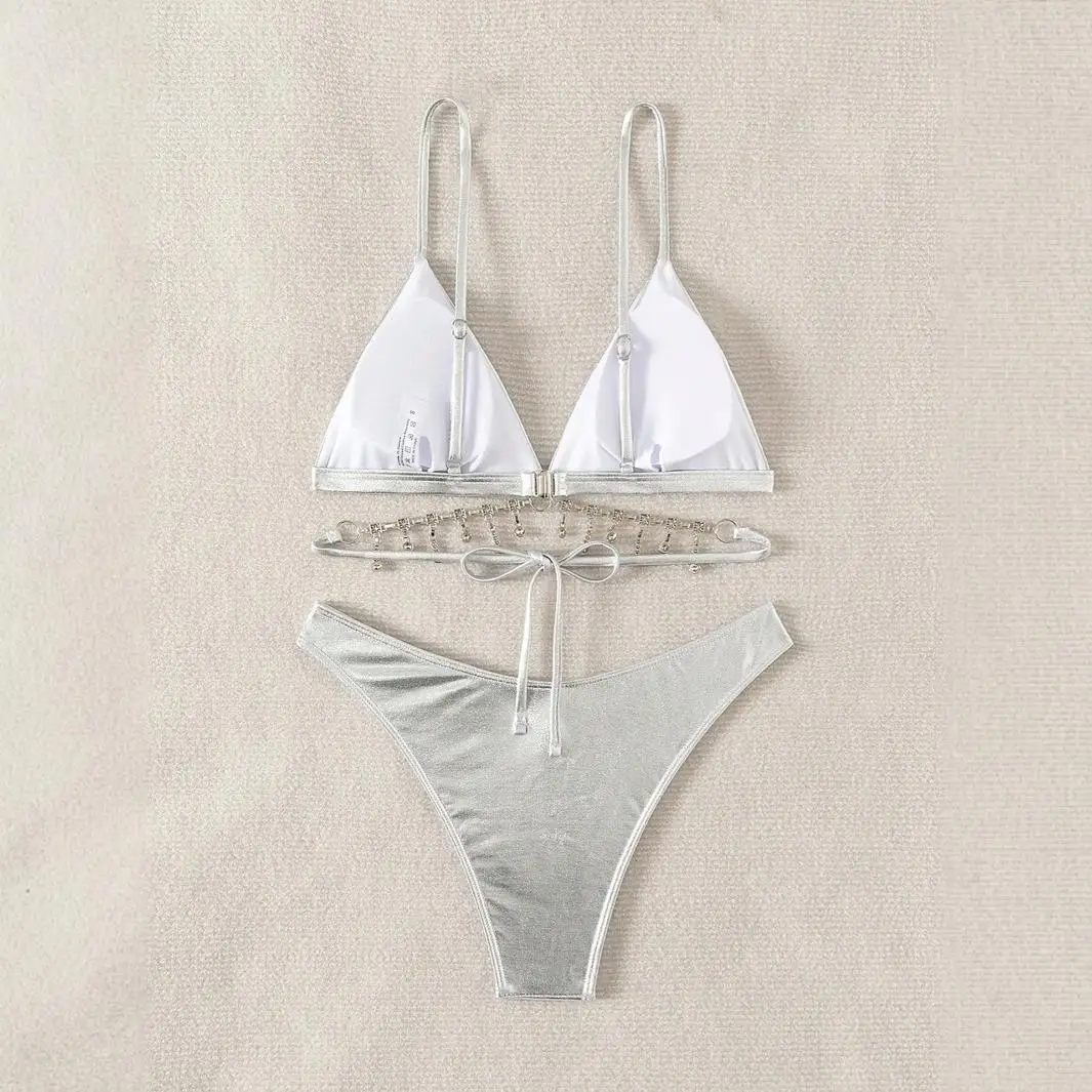 Luxury Crystal-Embellished Bikini Set Designer High-Shine Two-Piece Deep Backless Swimsuit Adjustable Ties Summer Straps Sets