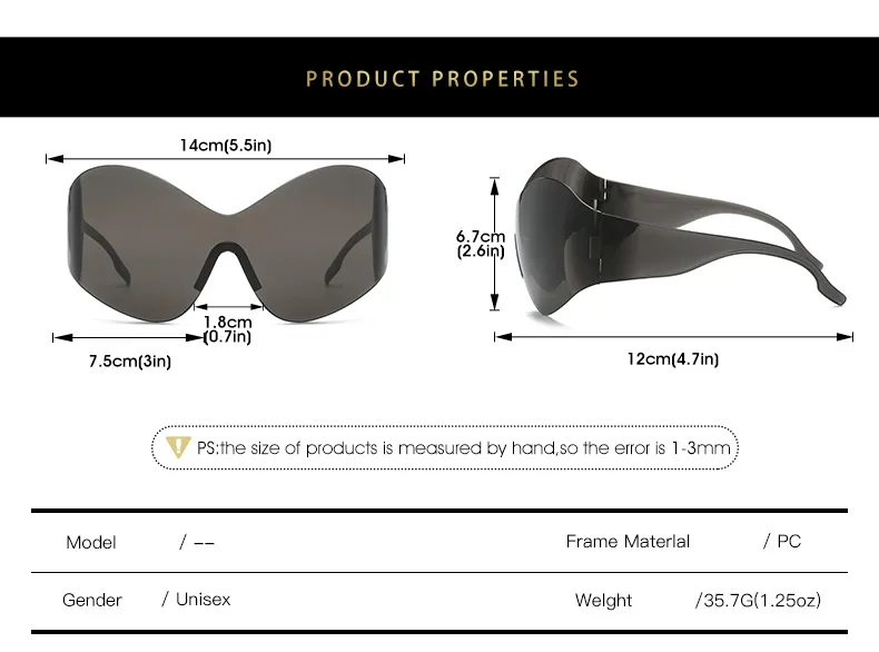 Übergroße Y2K Punk Randlose Sonnenbrille für Damen und Herren, Großer Rahmen Steampunk Schmetterlings-Schutzbrille für Damen, 2000er-Jahre Goggle-Brillen – Detail 6