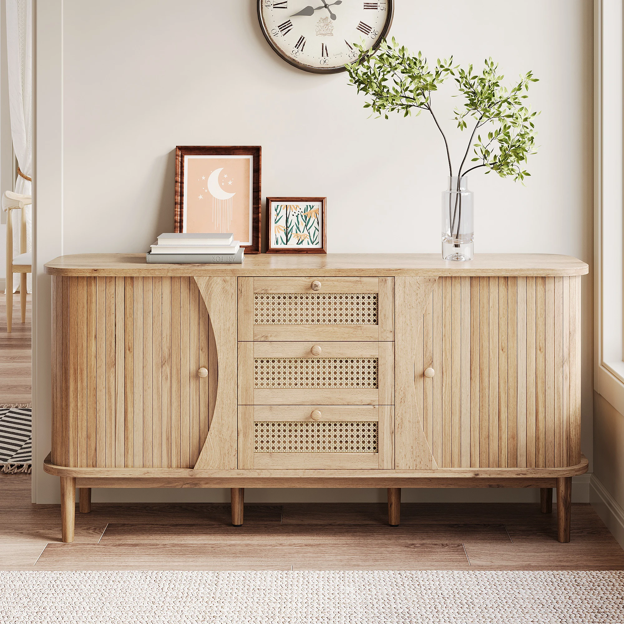 Commode PINGGO avec portes coulissantes, inserts réglables et plateau arrondi pour le rangement dans la chambre