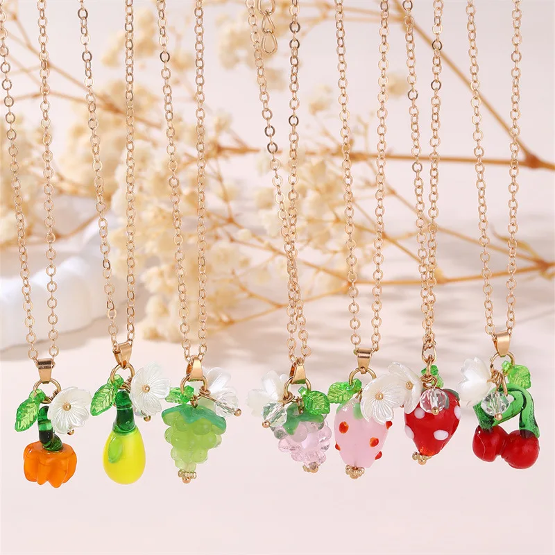 Joyería divertida, colgante de frutas de limón y fresa de uvas de resina de colores, collar para mujeres y niñas Y2K INS, gargantilla bonita, collar de fiesta, regalo