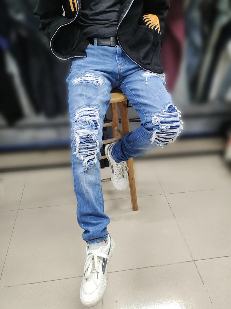 

Mens Streetwear Ripped Splicing Tide Beggar Blue Jeans Stacked New Rock Big Boy Denim Holes Slim Fit Skinny Pencil Men Pants