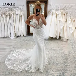 LORIE 레이스 인어 웨딩 드레스, 민소매 누드 쉬어 V넥 신부 원피스, 스윕 트레인 빈티지 레이스 웨딩 가운, 맞춤형