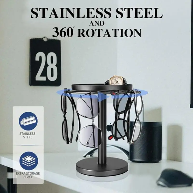 

360 Rotating Sunglass Storage Organizer Stainless Steel Sunglasses Holder with Tray Multiple Eyewear Display stand for Tabletop