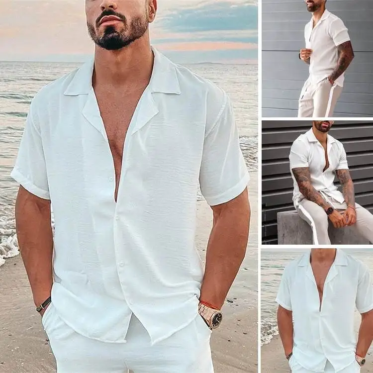 

Loose Casual Cuban Ne ort Sve Men's irt Faionable Youth Summer Thin Pure Color Point Collar ular among Young Men