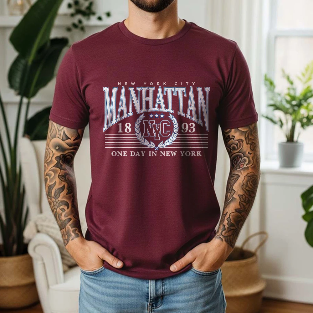 Mens 100% Cotton T Shirt Manhattan NYC 1893 Laurel Star Vintage Varsity Print Breathable Short Sleeve Casual Daily Tee