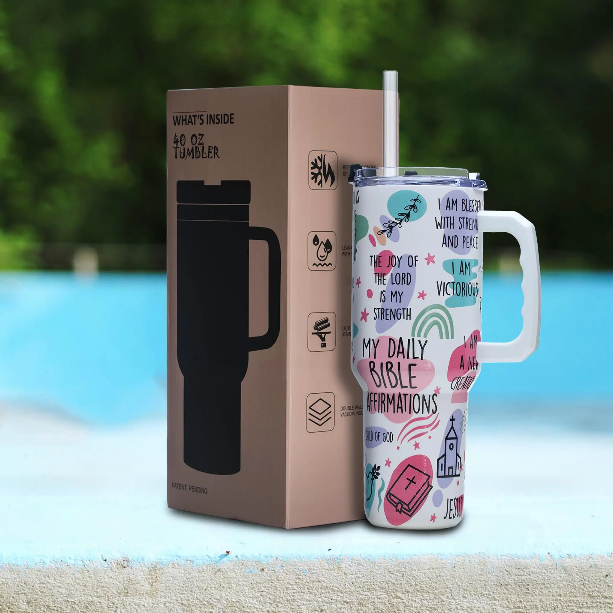 

40oz Christian Bible Verse Tumbler, Stainless Steel Vacuum Insulated Cup with Handle, Straw, Wide Mouth, Gift for Mom