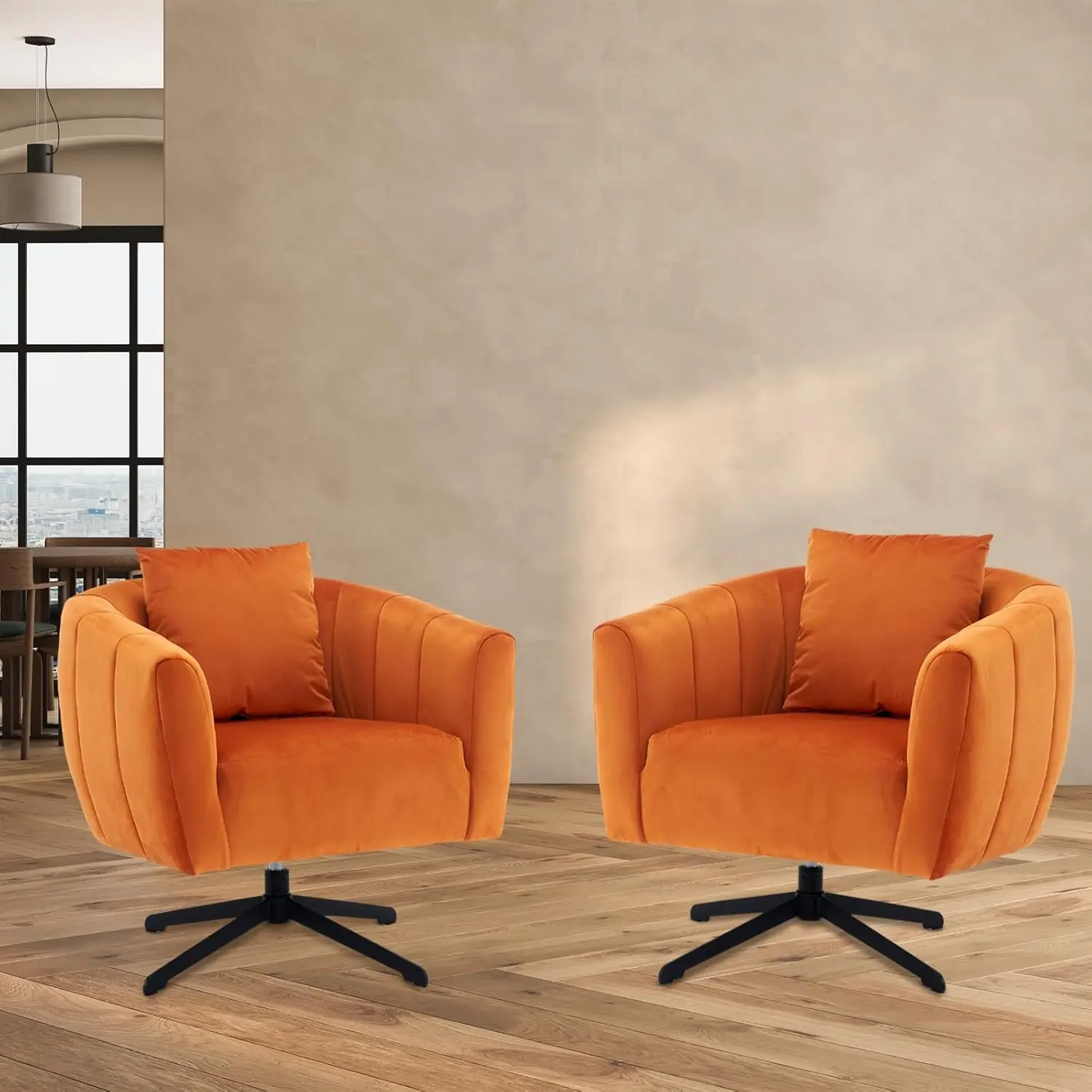 

360° Swivel Accent Chair Set Of 2, Modern Velvet Fabric Barrel Accent Chair With Comfy Upholstered Fluffy Cushions & Metal