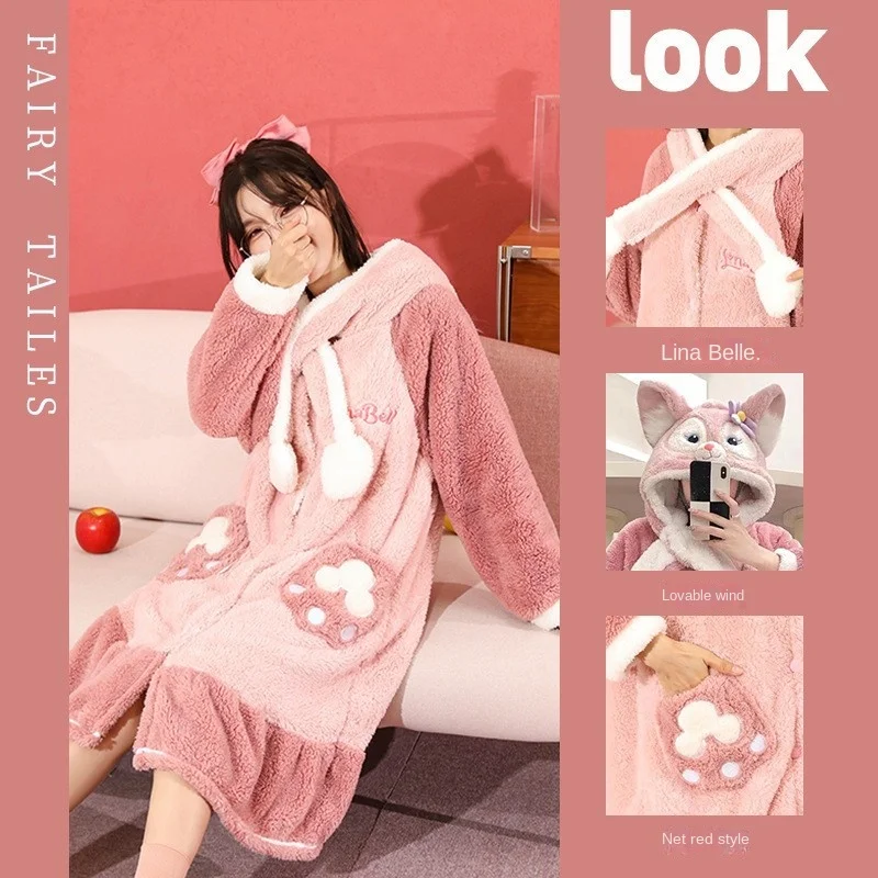 

Disney Stellalou Cute Pajamas Set Women Kawaii Flannel Cartoon Hooded Sleepwear Homewear Girl Winter Warm Loungewear Suit