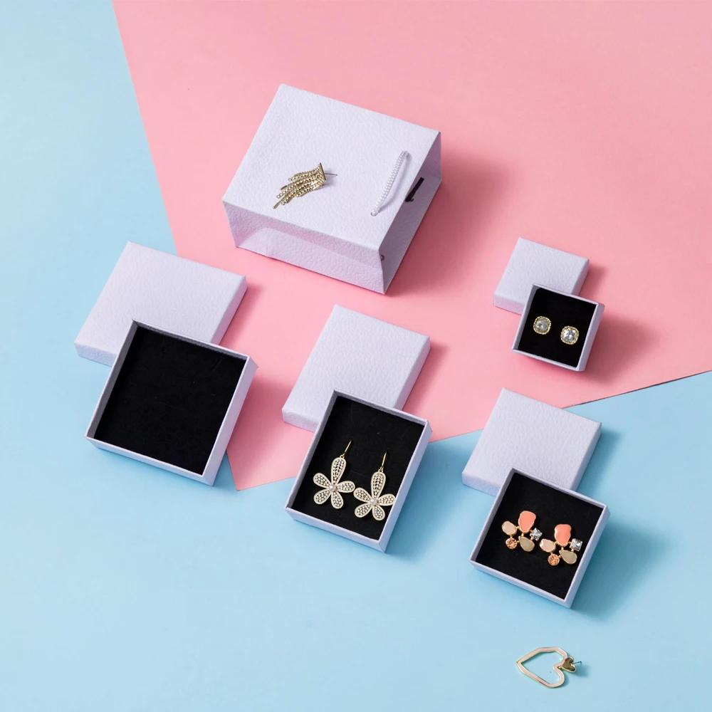 24pcs White Litchi Stria Jewelry Box with Black Sponge Soap Paper Cardboard Packaging Case Ring Earring Pendant Storage Display