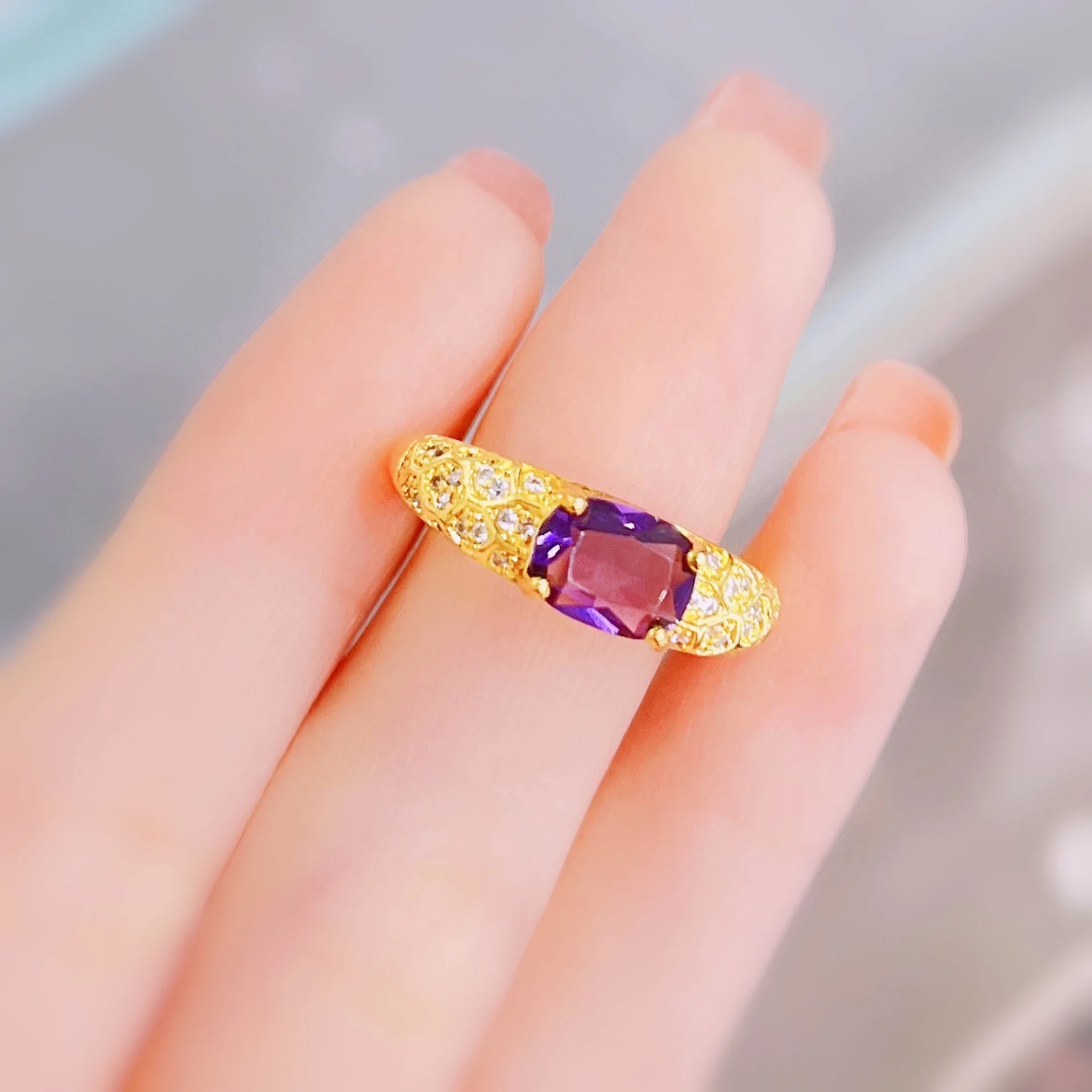 Live new welfare drainage products color treasure open ring inlaid imitation Uruguayan amethyst ring row ring tail ring