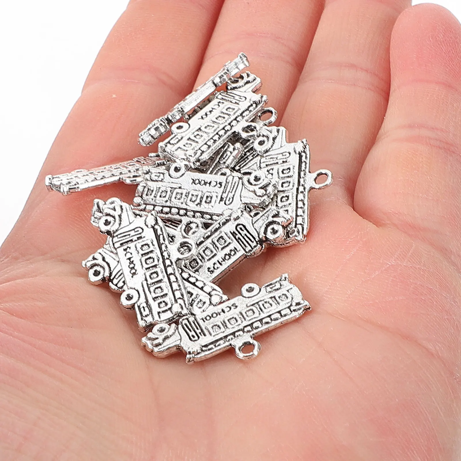 

50pcs School Bus Charms Silver DIY Accessories Necklace Bracelet Keychain Jewelry Making Project Decorative Ornament Mini school