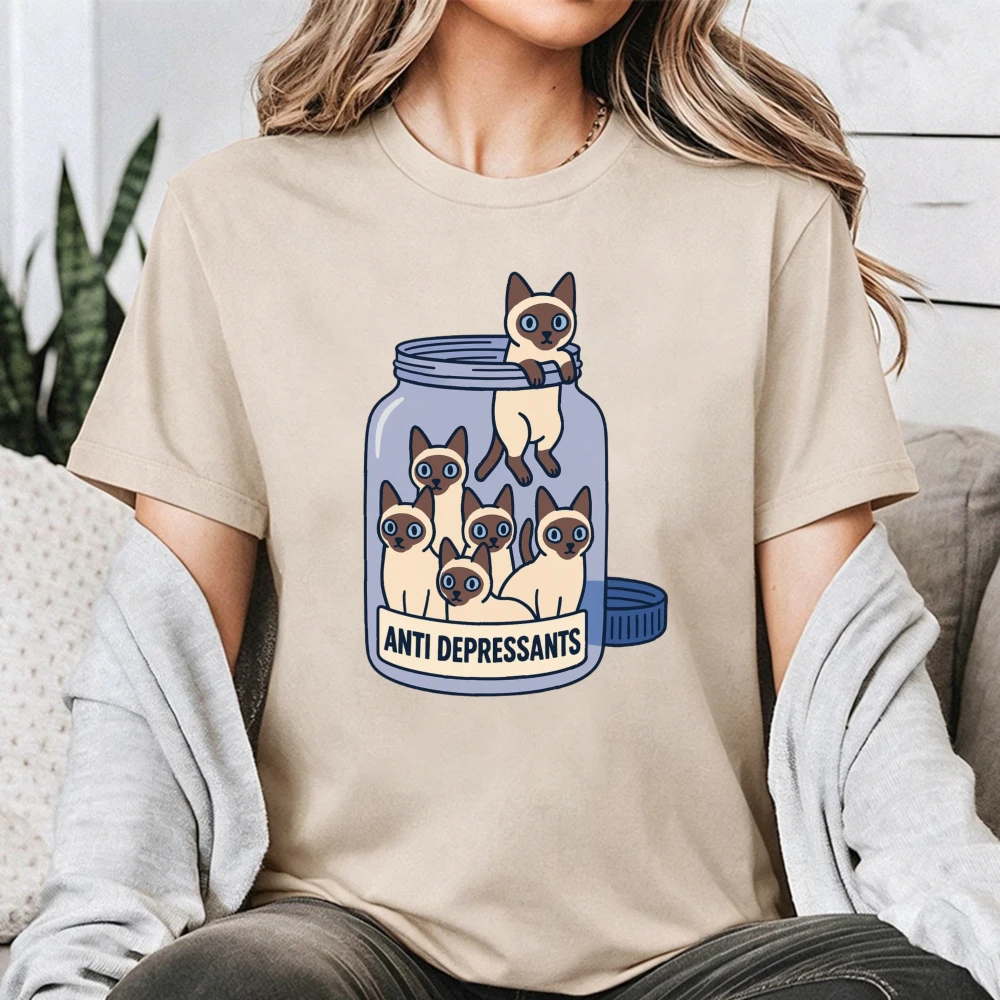 Niedliches Siamesische-Katzen-T-Shirt mit Aufdruck „Anti-Depressiva“, lustiges Grafik-T-Shirt aus Baumwolle, Sommer-Top, ästhetisches Geschenkshirt für Frauen zur Förderung der psychischen Gesundheit
