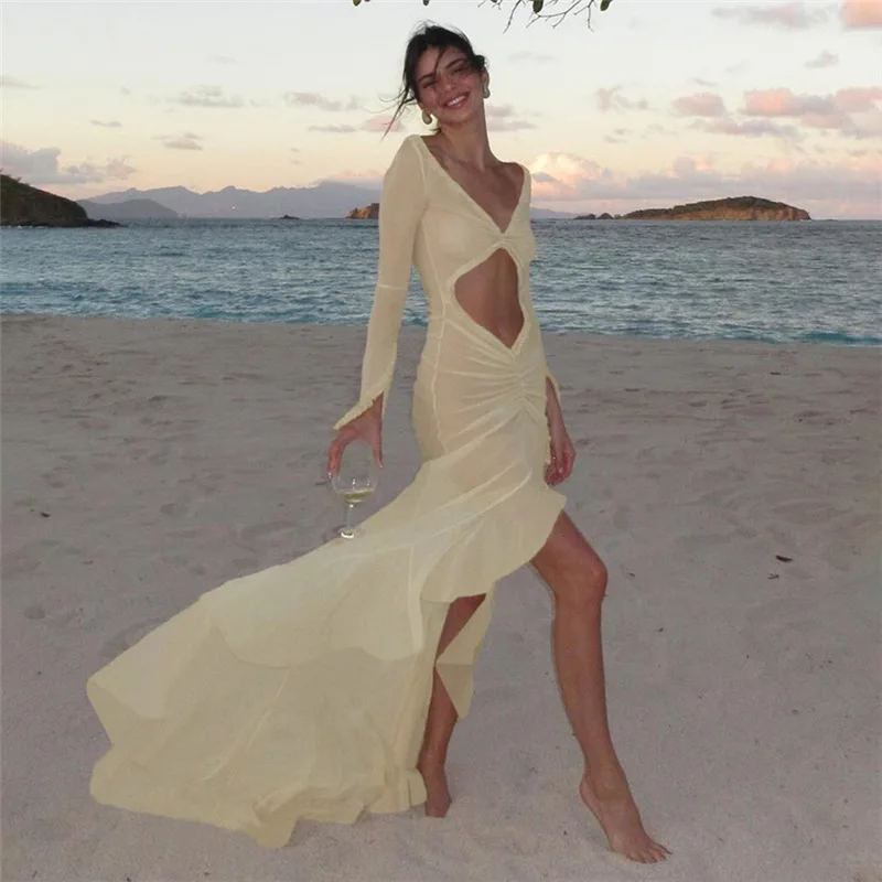 Vestido de malha conciso feminino manga longa corte shirring assimétrico ver através vestidos femininos férias praia alta divisão vestidos