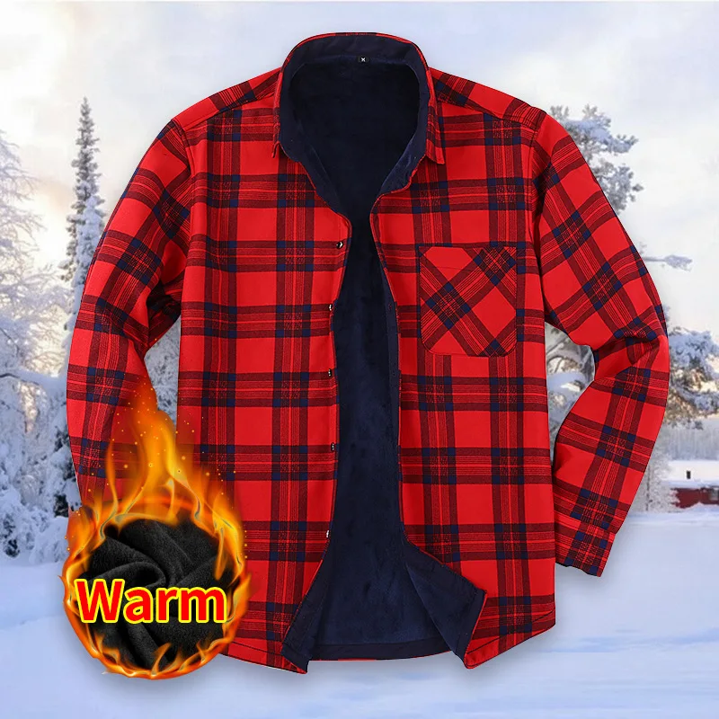 

Мужская красная рубашка-куртка в клетку с флисовой подкладкой, теплая, с длинными рукавами, на пуговицах, из фланели, для зимы