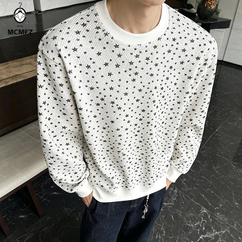 Mens Crew Neck Long Sleeve Star Pattern Sweatshirt Soft Fleece Pullover Top For Street Casual Wear In Autumn