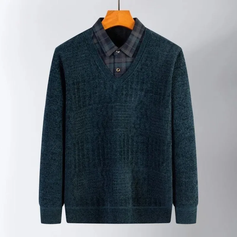 Men Fake Two Piece Sweater Shirt Collar Plaid Snow Velvet Fleece Lined Thick Warm Knitwear Dad Casual Base Top Winter
